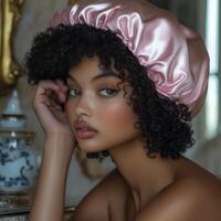 Woman in silk bonnet poses elegantly with soft curls and natural makeup photo