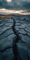 Stunning view of cracked lava field at volcano during sunset in nature photo
