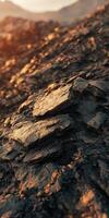 Close view of volcanic rock formations during golden hour lighting photo