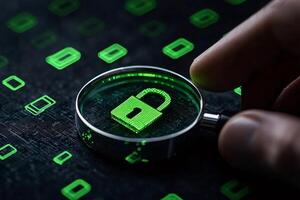 Cybersecurity expert examining padlock icon symbolizing online security with magnifying glass photo