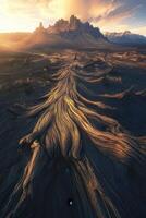 Lava flow leads to volcanic mountain at sunrise in stunning landscape photo