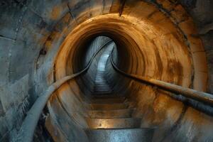 Staircase descending into round tunnel with handrails photo