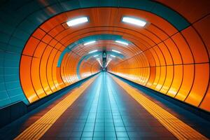 Empty pedestrian tunnel with orange and teal walls and tactile paving photo