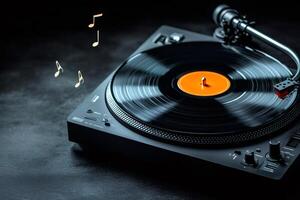 Vinyl record player playing music with musical notes floating above photo