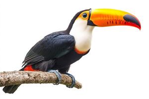 Toco toucan perching on branch with white background photo