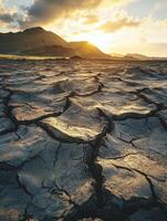 A cracked desert with a mountain in the background photo