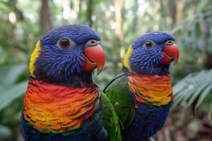 Two rainbow lorikeets showing their colorful plumage in tropical forest photo