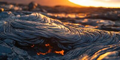 A lava flow with the sun setting behind it photo