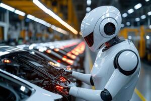 Robot working on car assembly line in modern factory photo