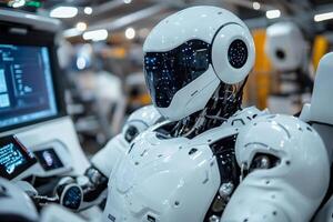 Advanced white robot sitting and working with computer in futuristic laboratory photo