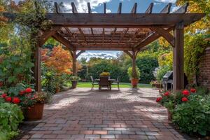 Wooden pergola providing shade on a brick patio in a lush garden .. photo