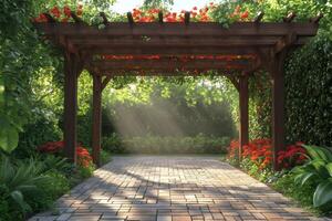 Wooden pergola providing shade in a lush garden with sun rays photo