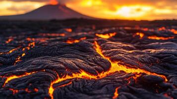 Breathtaking view of lava flow with an active volcano in the background photo