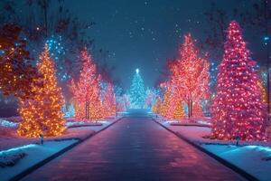 Christmas trees covered in snow create magical festive path at night photo