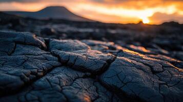 Experience the beauty of a volcanic landscape at sunset with cracks in the lava photo
