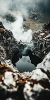 Steam rises from volcanic crater with reflective water in eerie landscape photo