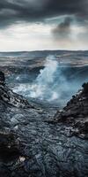 Dramatic view of a volcanic landscape showcasing flowing lava and smoke photo