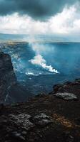 Scenic view of an active volcano emitting smoke in a dramatic landscape photo