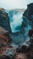 Breathtaking view of a volcanic crater surrounded by misty landscape photo