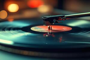 Vinyl record player playing music with blurred background lights photo