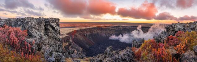 Majestic sunset over volcanic crater with colorful vegetation in foreground photo