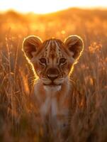 Lion cub emerging from tall grass at sunset in african savanna .. photo