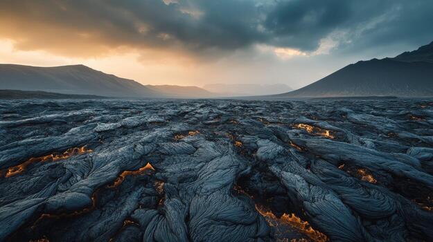Lava flow from an active volcano against a dramatic sunset backdrop photo