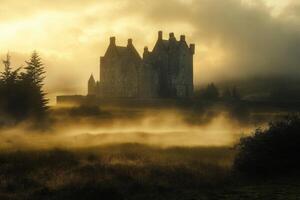 Kilchurn castle emerging from golden fog at sunrise photo