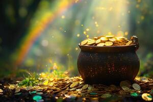 Pot of gold with rainbow in the background, representing luck and fortune photo