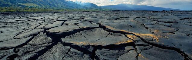 Lava landscape from volcanic eruption showing cracked black surface in daylight photo