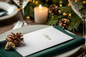 Christmas menu decorated with pine cone on festive table setting photo