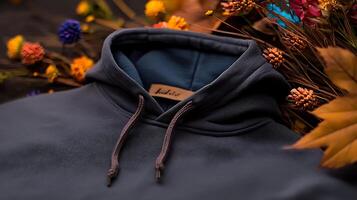 Cozy hooded sweatshirt displayed on a bed of colorful autumn leaves and flowers, creating a warm atmosphere photo