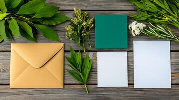 Elegant flat lay of stationery and fresh foliage on rustic wooden background, ideal for invitations photo