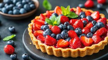 Delicious tart with fresh strawberries, blueberries and mint leaves on dark background photo