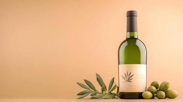 Elegant green wine bottle with olive branch and olives on a soft beige background photo