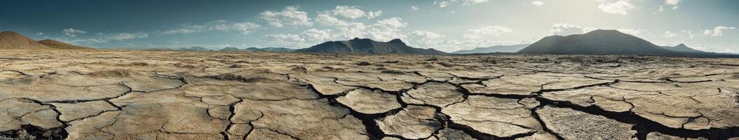 Vulcano landscape with cracked earth under a clear sky and distant mountains photo