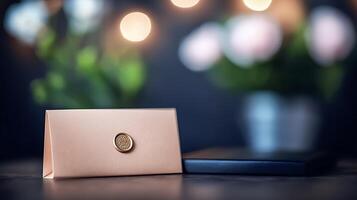 Elegant envelope with wax seal placed on a wooden table, soft bokeh lights and flowers in background photo