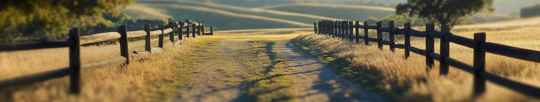 Exploring a serene dirt road through rolling hills at golden hour photo