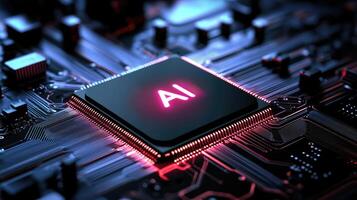Artificial intelligence chip glowing on circuit board, futuristic technology photo