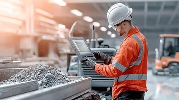 Construction worker in safety gear using a tablet on a busy job site with machinery in background photo