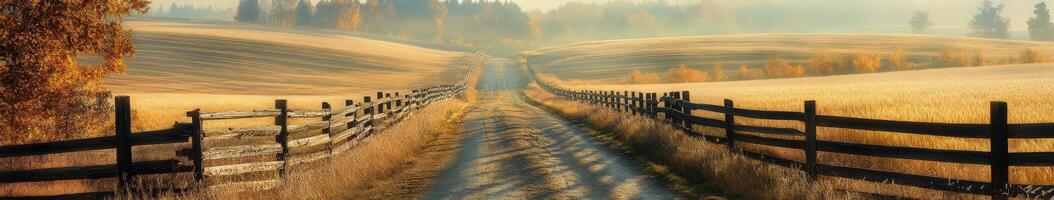Dirt road winding through golden fields under soft morning light photo