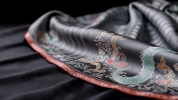 Elegant silk fabric with intricate dragon patterns draped softly against a dark background photo
