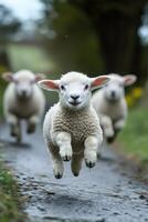 Three lambs running and jumping on a country road photo