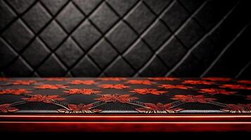 Elegant black and red patterned table surface against a textured wall backdrop in a stylish setting photo