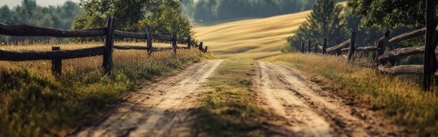 Serene dirt road winding through lush green fields at golden hour photo