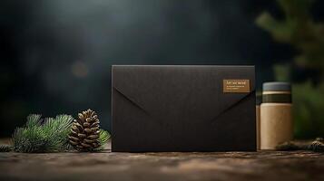 Elegant dark envelope with pinecone and natural elements on a rustic wooden surface photo