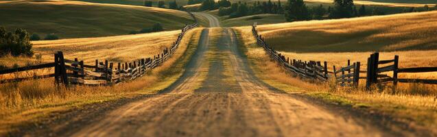 A dirt road leads to a wooden fence and a field photo