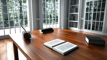 Cozy reading nook with wooden table, open books, and sunlight streaming through large windows photo