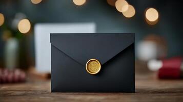 Elegant black envelope with golden seal on wooden table, soft bokeh lights in background photo