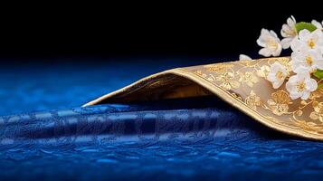 Elegant blue fabric draped with ornate gold, adorned with delicate white flowers, creating a serene backdrop photo
